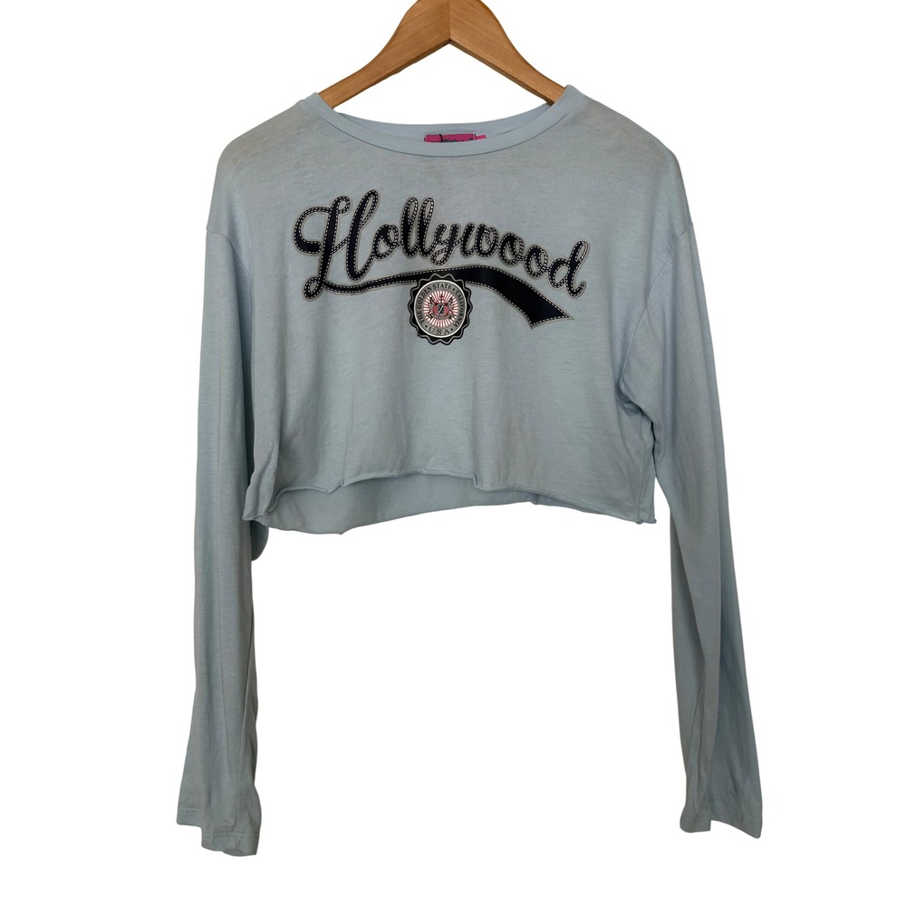 Edikted Hollywood Graphic Grunge Indie Long Sleeve Crop Top Light Blue S